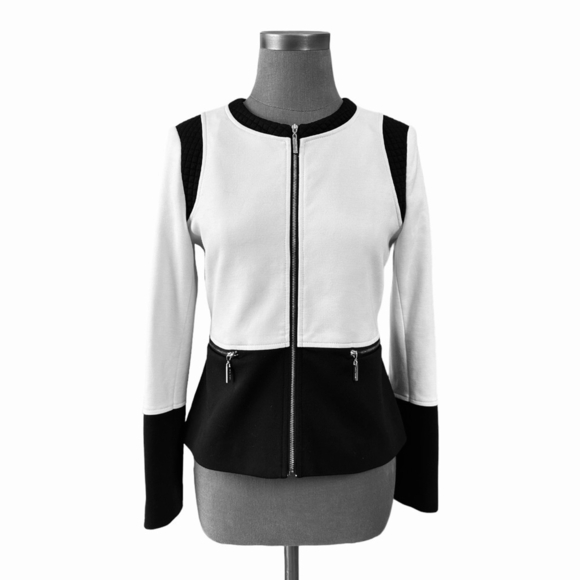 Women Blazer IVANKA TRUMP Black White Colorblock Zip Front Long Sleeve Cardigan - Picture 3 of 7